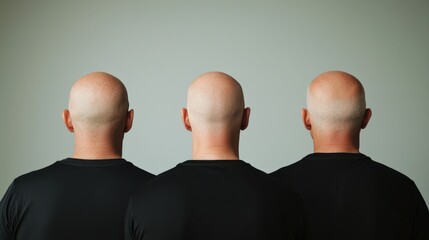 Three bald men facing away in black shirts.