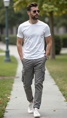 Casual young man walking in gray cargo pants and a white t-shirt with sunglasses in a park setting