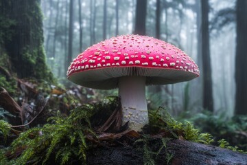 A lone mushroom standing tall in a dewy forest at sunrise, its cap glistening with tiny droplets of water
