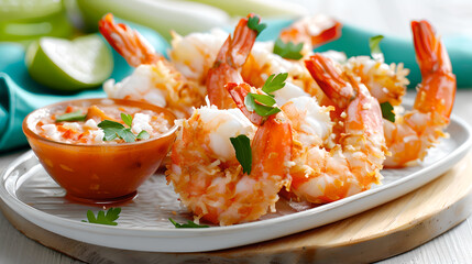 Coconut crusted shrimp served with tangy dipping sauce, garnished with herbs