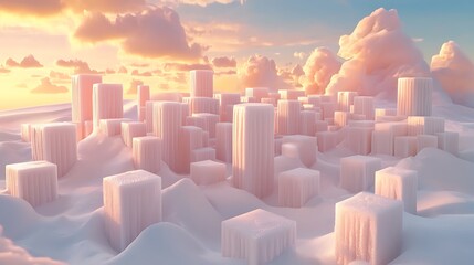 Obraz premium Majestic cloud cityscape at sunset dreamlike architecture digital art serene environment wide angle view