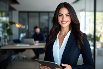 Obraz premium Young woman engaging with technology modern office space professional portrait bright environment confident viewpoint