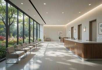 Fototapeta premium A large, open lobby with a few chairs and a potted plant