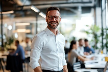 A joyful businessman in a well-lit modern office, attentively listening to colleagues in a team meeting.