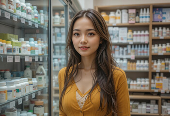 A woman stands in front of a pharmacy with a smile on her face