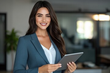 Fototapeta premium Young woman engaged in work modern office professional portrait sleek environment front view midjourney concept