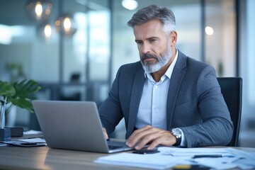 Fototapeta premium Office worker focused on task modern office photograph professional setting side view midjourney woody