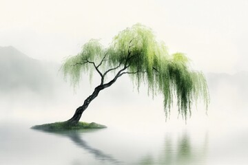 A minimalist depiction of a weeping willow tree, with its drooping branches represented by clean, flowing lines in muted green tones on a white background