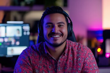 A joyful professional Hispanic man wearing headphones, participating in a virtual meeting from his modern home workspace.
