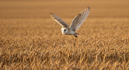 Majestic barn owl soaring over golden wheat field at sunset, capturing the essence of nature's beauty