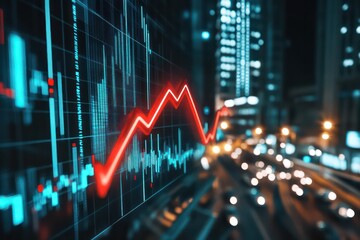 Obraz premium A stock market concept with a red down arrow overlaying a blurry image of a financial district and fluctuating trading data.
