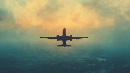 Naklejka premium Airplane Soaring Through Warm Sunset Clouds. AI Generated