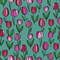 Obraz premium Floral colorful vector illustration with tulips. Simple minimalistic pattern with nature elements. Vector illustration for fabric, textile, poster, invitation. Trendy hand drawn textures.