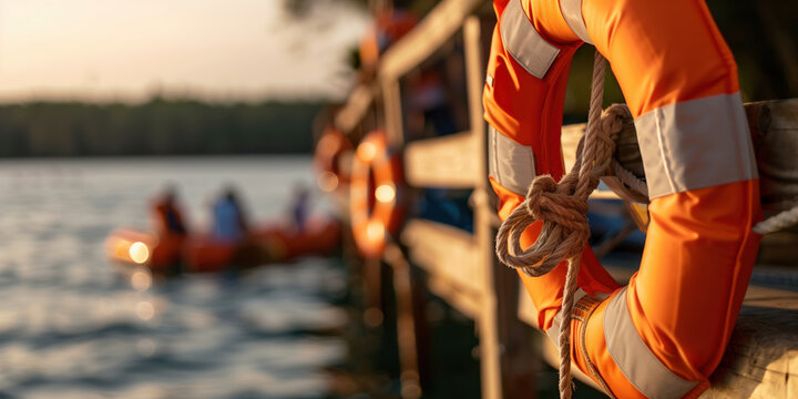 Orange life preserver with rope on wooden dock at sunset over lake. Water safety equipment