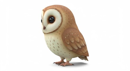 Obraz premium Cute cartoon barn owl standing on a white background, showcasing its large eyes and detailed feathers