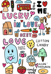 Fototapeta premium Hand drawn cute illustrations of bus, mushroom, street lights, home, girl, puppy, ice cream cone, carrot, cherry, ice milk tea, cotton candy, ghost, candy apple, cake, donut, sugar, heart balloon