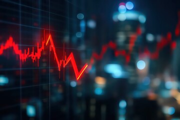 A stock market decline represented by a red arrow pointing downward, with live financial charts displayed over the blurred city background.