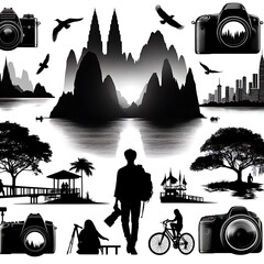 Photograph and photo camera on street, Isolated silhouettes of people on white background..
