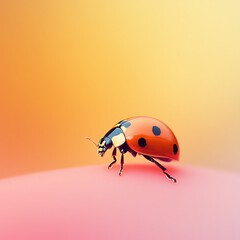 Close-up of ladybug on pink surface, vibrant gradient background.
