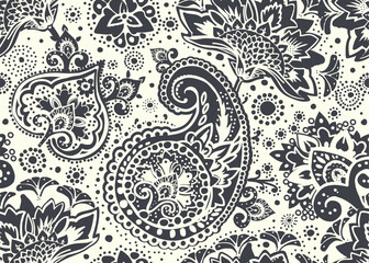 Seamless paisley pattern in Oriental style with floral and ethnic motifs for printed fabric, wallpaper, and packaging