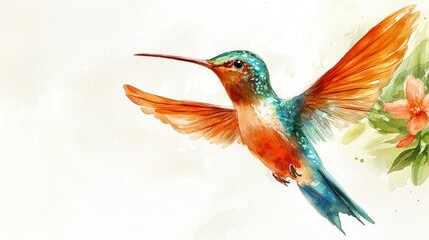 Obraz premium Watercolor Hummingbird in Flight Nature Art Bird Painting