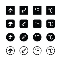 weather icons, minimalist design, black and white, umbrella symbol, thermometer icon, Fahrenheit degree symbol, Celsius degree symbol, simple shapes, square icons, rounded square icons.