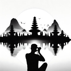 Photograph and photo camera on street, Isolated silhouettes of people on white background..