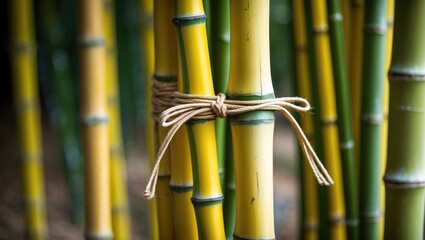 Tied yellow bamboo trunks showcasing elegance and nature's beauty in a tranquil setting with a soft focus background.