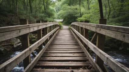 Wooden Bridge Over Stream Surrounded By Lush Green Forest Creating Tranquil Nature Path With Space For Text Overlay