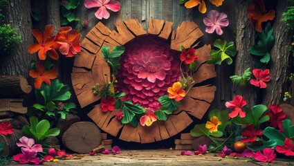 Floral woodcut backdrop with vibrant flowers and greenery creating a natural and whimsical atmosphere for photography or design projects.