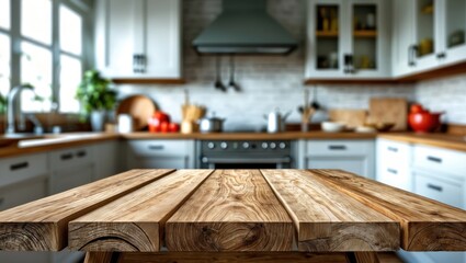 Wooden table top in focus with a stylish blurred kitchen background ideal for product placement and design visuals.