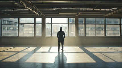 Fototapeta premium Businessman standing alone in an empty office, reflecting on closure, void of furniture, sunlight streaming through windows, capturing poignant moment of transition and loss