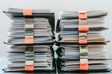 Detailed Photo: Stacked Documents With Orange Clips On White