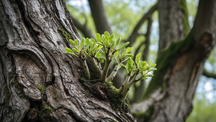 Obraz premium Green shoots emerging from the bark of an ancient tree symbolizing renewal and growth in spring season amidst lush natural surroundings.