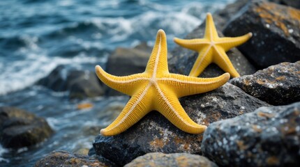 Yellow starfish perched on rocky shoreline with ocean waves in background showcasing marine life and coastal beauty.