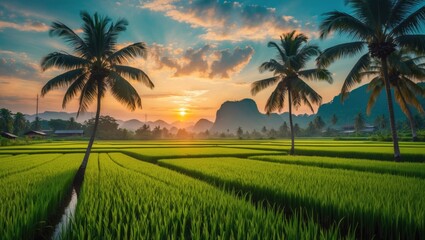 Fototapeta premium Serene sunrise over lush rice fields in Thailand with sugar palm trees and mountainous backdrop creating a picturesque landscape.