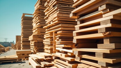 Wooden planks stacked at a construction site showcasing an organized supply for building projects under a clear sky.