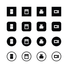 Kitchen appliances icons, minimalist design, black and white, geometric shapes, refrigerator, oven, kettle, microwave, squared icons, circular icons, simple silhouettes, cooking equipment symbols.