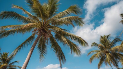 Coconut Trees Against Clear Blue Sky with Copy Space for Text Tropical Vacation Serenity Nature Background