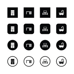 Minimalist furniture icons, black and white, simple geometric shapes, cabinet, desk, TV stand, bathtub, square icons, circular icons, outlined icons, interior design symbols, clean graphic design,