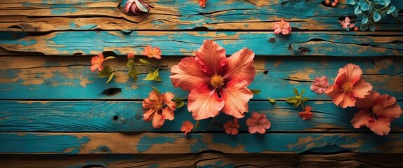 Fototapeta premium Colorful floral arrangement on distressed wooden planks creating a vibrant and rustic background design for various projects.