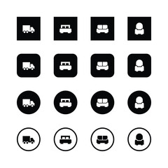 Icons, transportation symbols, minimalist design, black and white, truck icon, car icon, couch icon, person icon, square icons, rounded icons, circular icons, outlined icons, simple shapes, geometric,