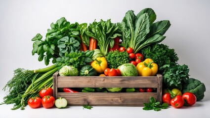 Wooden crate overflowing with a variety of fresh, vibrant vegetables against a clean white background showcasing healthy eating concepts.
