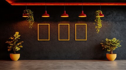 Modern Dark Living Room Interior Design with Empty Frames  Plants  and Red Lamps