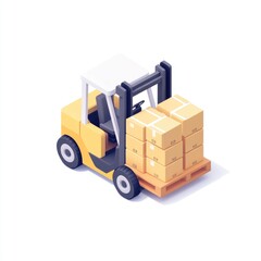 3D forklift with pallet of boxes icon on a white background, simple design, no shadow or detail, no text or letters in the picture