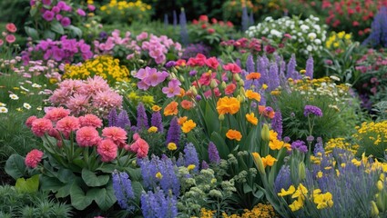 Obraz premium Vibrant flower garden featuring a variety of blooming flowers in pink, yellow, purple, and more with space for text overlay.
