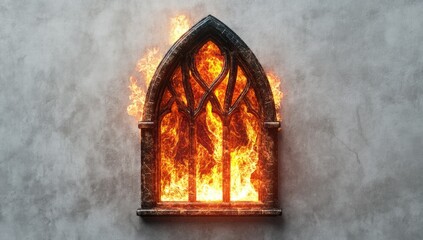 Obraz premium 3D icon of a burning church window on a white background, high resolution, no shadow, 8K, ultra-realistic photography.