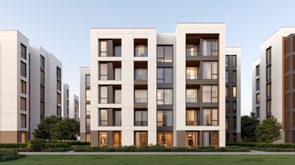 A modern residential building complex featuring contemporary architecture and landscaped green spaces.