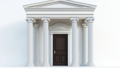Obraz premium 3D illustration of classical columns with a dark brown door in the middle, against a white background, in the front view.