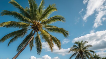 Obraz premium Lush Coconut Palm Trees Against a Clear Blue Sky with Ample Copy Space for Text or Graphic Overlay